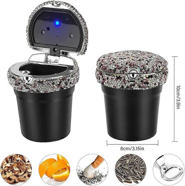 Askkopp för bil, Bling Diamond Bilaskkopp med lock, Rökfria bärbara bilcigarettaskkoppar med LED-ljus