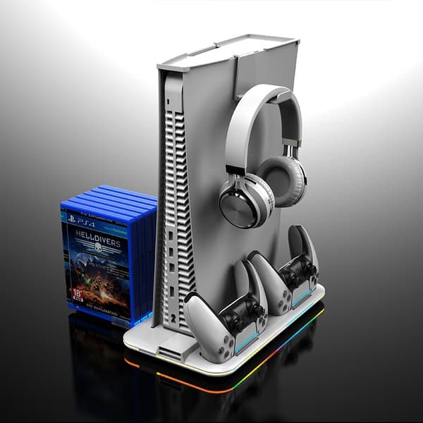 PS5-stander med kølestation og ladestation til controllere, PS5-tilbehør - Køleventilator, RGB LED, hovedtelefonholder, 6 PS5-spillepladser sort Black