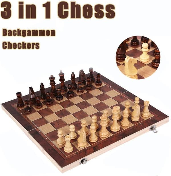 Vikbart schackbräde i trä – ett tre-i-ett schackspel för vuxna och barn (backgammon, dam), utsökt schackbräde i trä.