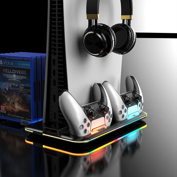 PS5-stander med kølestation og ladestation til controllere, PS5-tilbehør - Køleventilator, RGB LED, hovedtelefonholder, 6 PS5-spillepladser sort Black