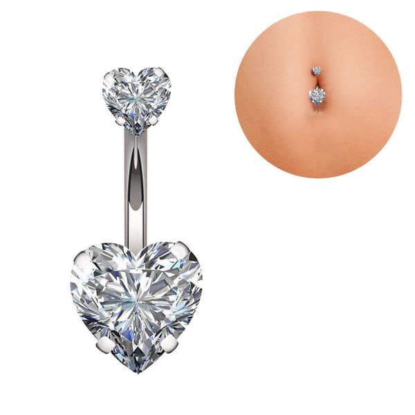 14G Navlepiercing, Hjerteformede Navlepiercinger, Klare Glitrende CZ 316L Stål