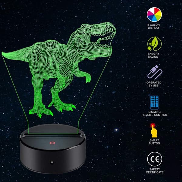 Dinosaur Natlampe til Børn - 3D Dinosaur Lampe 16 Farver O