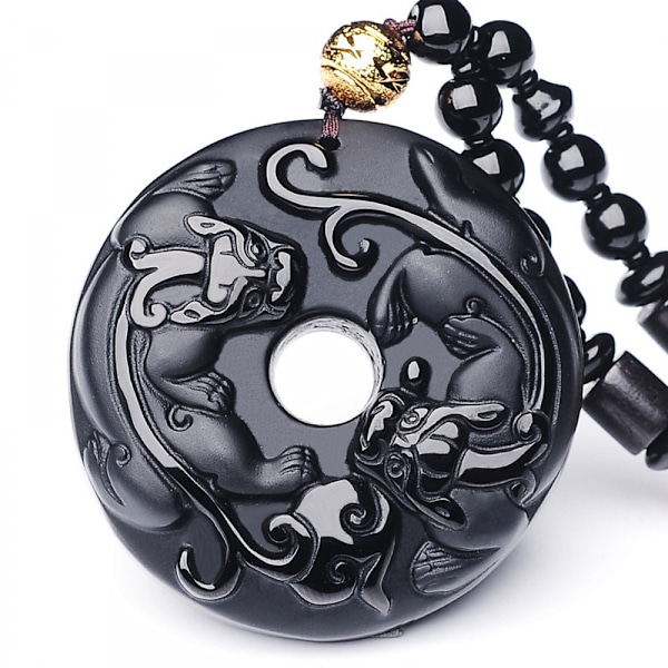 Naturlig Obsidian Stein Håndskåret Pi Yao Sjarme Lykke Perle Pixiu Anheng Halskjede