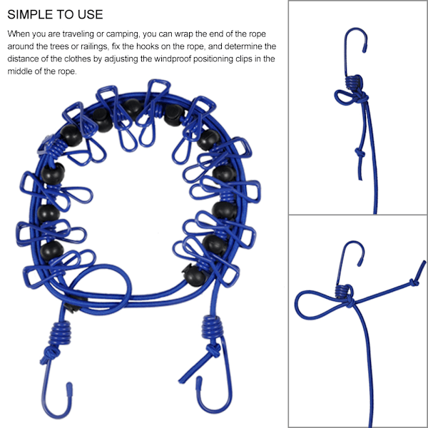 3-pack bärbar justerbar elastisk tvättlina med 12 klädnypor för utomhuscampingresor