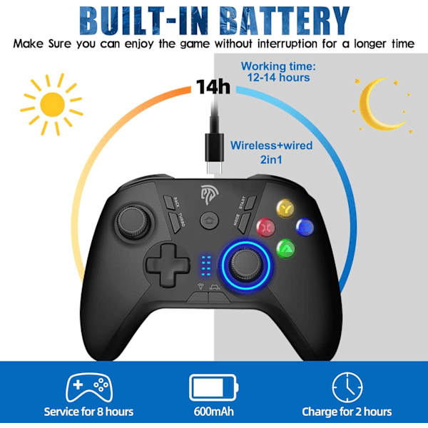 Trådløs spillkontroller for Windows PC/Steam Deck/PS3/Android TV BOX, Dual Vibrate Plug and Play Gamepad Joystick med 4 tilpassede taster, batteri black