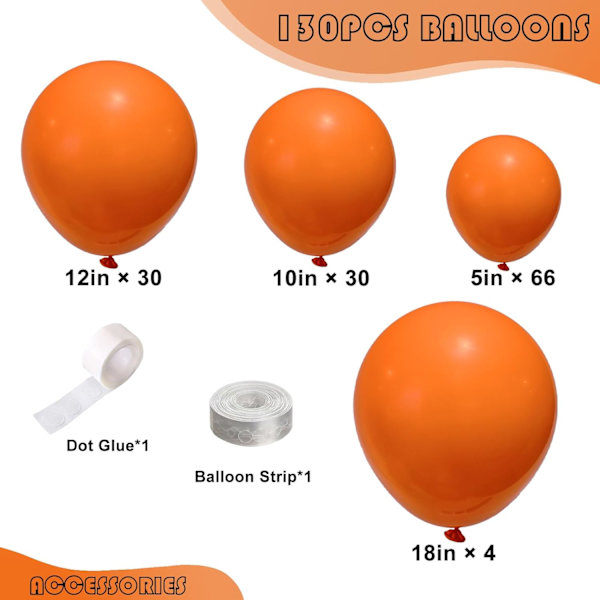 130 stk. orange balloner i forskellige størrelser 18\" 12\" 10\" 5\" ballonbue guirlande sæt perfekt til fødselsdagsfest, dimission, babyshower, bryllup, ferie Orange