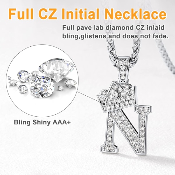 Krone Initial A-Z Halskjede, Iced Out Bokstavanheng med 22-24 Tommers Kjede, Menn Kvinner Bling Hip Hop Alfabet Navn Smykker Gave Store Initialer Halskjeder N Silver