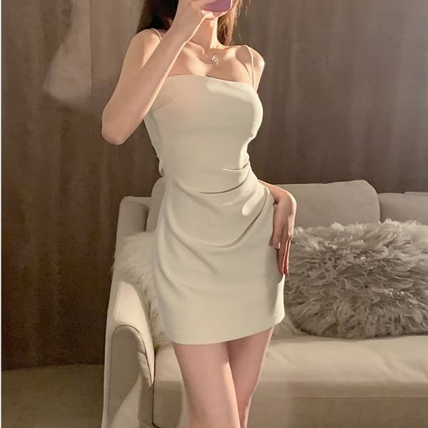 Spaghetti Strap Square Neck Mini Party Sheath Dress (Vit L)