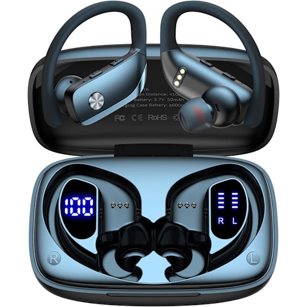 Trådløse øretelefoner Bluetooth-hovedtelefoner 48 timers afspilning Sport-øretelefoner med LED-display Over-Ear-knopper med ørekroge Indbygget mikrofon Headset til træning B Black