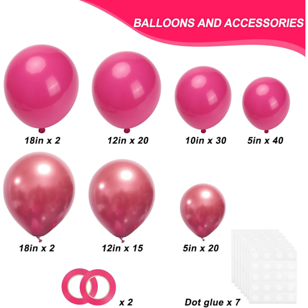 Kuuma pinkki ja punainen ilmapallokaari, 129 kpl eri kokoja 18 12 10 5 tuumaa Magenta ja metallinen punainen kukka ilmapallot Garland Arch Kit syntymäpäivä vuosipäivä Magenta and Metallic Red