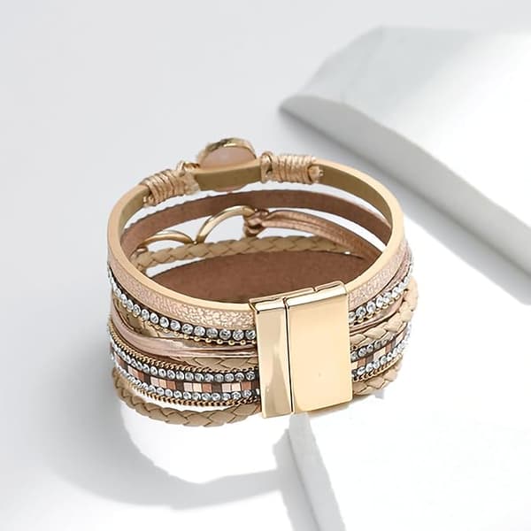 Leopard Armbånd for Kvinner, Boho Lær Wrap Multi-Layer Perle Krystall Armbånd Bangel Smykker Purple