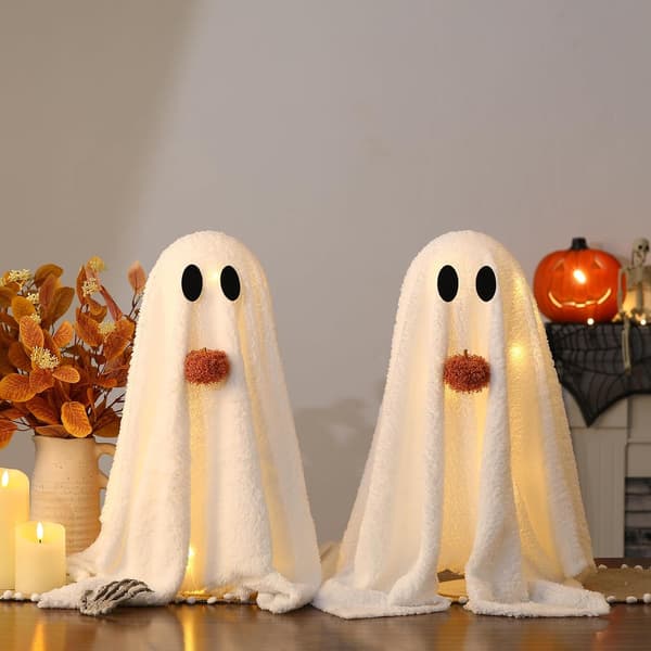 2-pack lysande Sherpa-spöken med pumpa – Halloween inomhus bords- och festdekoration