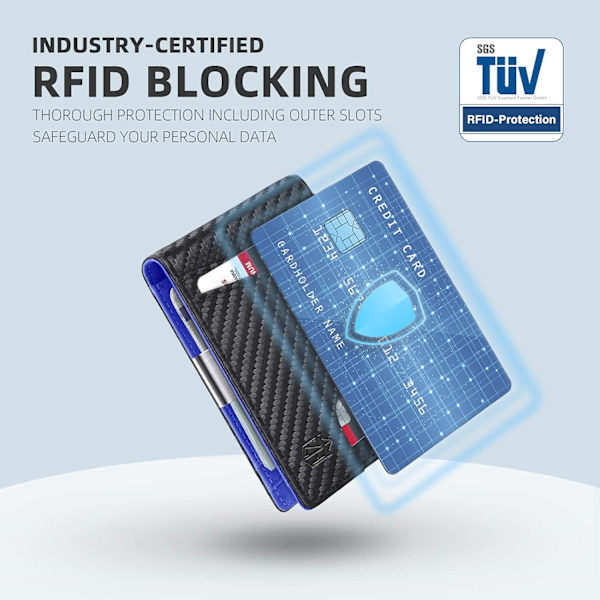 Slim Plånbok för Män Present 12 Kortplatser ID-Fönster med Pengaclip Minimalistisk RFID Främre Fickan Bifold Läder Liten Tunn Presentask Pappa Födelsedag Christ Carbon Black and Blue