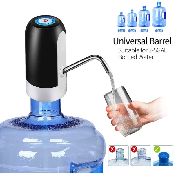 Automatisk drikkevannspumpe, USB-lading, bærbar elektrisk vanndispenser på/av-bryter, for 5 gallon (ca. 15,7 liter) universalflaske Black