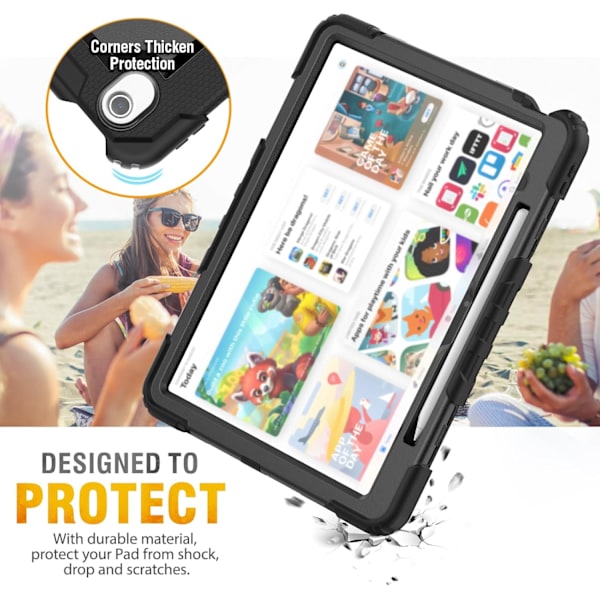 Etui for iPad Air 13 tommer (M3 2025) & (M2 2024), Sh0ckproof Design med Blyantholder/Skjermbeskytter/Roterende Håndstropp, Beskyttelse Black New iPad Air 13 20242025
