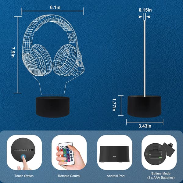 Hodetelefon nattlys for barn, musikkhodetelefon 3D illusjonslamper