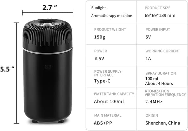 100 ml USB Mini Bildiffuser – 3-i-1 Aromaterapi, Luftfukter og Luftfrisker for Eteriske Oljer (Bærbar Bil/Hjemmebruk) Black