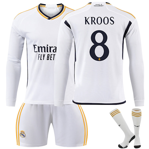 23-24 Real Madrid Hjemmefodboldtrøje Langærmet Sæt Børnefodboldtøj No.8 Kroos 22