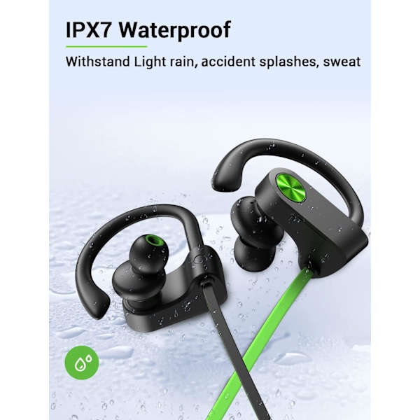 Bluetooth-hovedtelefoner, 5.3 trådløse sports-øretelefoner IPX7 vandtætte med mikrofon, stereo-svedsikre in-ear-hovedtelefoner, støjreducerende headset til fitnesscenterløb A,GreenBlack
