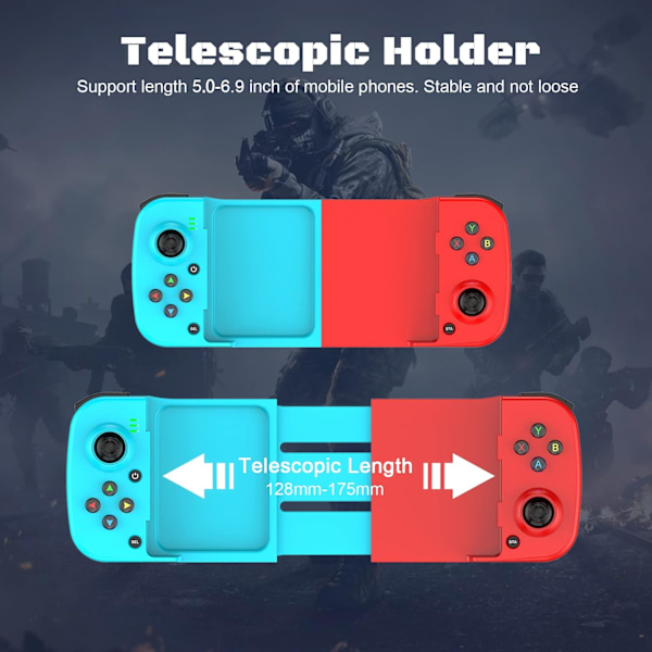 Bluetooth-kontroller for iPhone, Android, direkte avspilling, lav ventetid, telefonkontroller-spillkontroller-joystick for Galaxy S23 S22 S21 20 Ultra, iPhone 14 13 1 Blue+Red