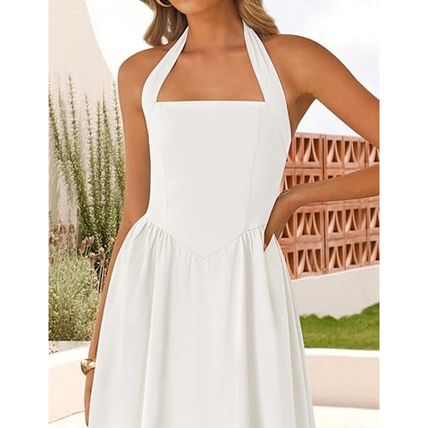 Sommarklänning för damer, ärmlös halterneck midi-klänning 2025, off shoulder, hög midja, svängig, böljande, lång strandklänning M