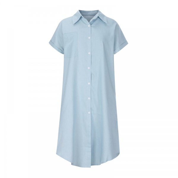 Klänning Kortärmad V-ringad Casual skjortklänningar (Himmelsblå S)