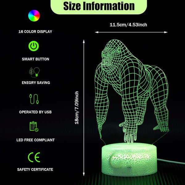 3D Gorilla Natlampe 3D Natlampe LED Farveskiftende Anim