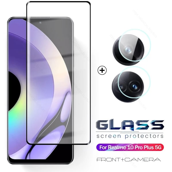 2 till 1 9D böjd skyddsglas för Realme 10 Pro 5G skärmskydd härdat glas linsfilm