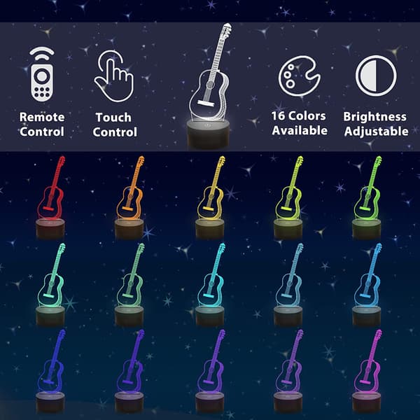 3D Guitar Natlampe Illusion LED Lampe, 16 Farveskift Touch