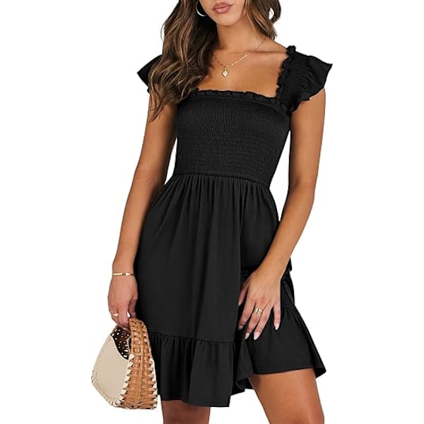 Sommerlig, afslappet, ærmeløs kjole til kvinder med firkantet hals 2025 Smock Ruffle Backless Boho Strand Sød Teen Kort Sommerkjole XL