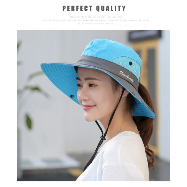 Ponnytail Damhatt för Kvinnor Sommar Sol Bucket Hat UV-skydd Safari E