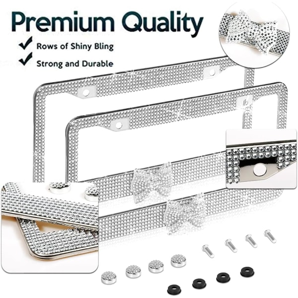2 Pak Bling Nummerplade Ramme, Håndlavet Bling Rhinestone Premium Rustfrit Stål Nummerplade Ramme, 14 Facetter Klar Farve Rhinestone Krystal (S Silver-bow
