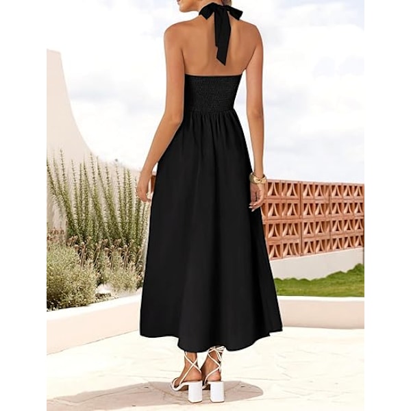 Sommarklänning för damer, ärmlös halterneck midi-klänning 2025, off shoulder, hög midja, svängig, böljande, lång strandklänning L