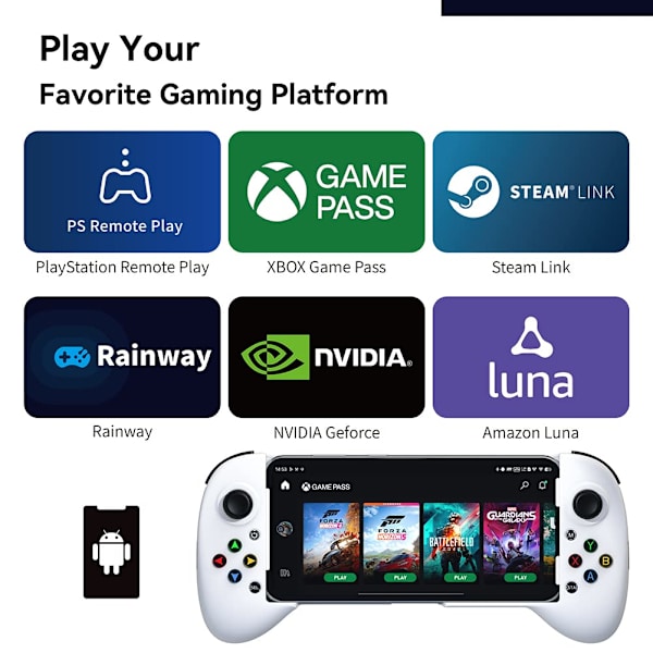 Mobilspilcontroller til Android med 4 mapping-knapper, trådløs Bluetooth-gamepad designet til PS Remote Play, Xbox Game Pass Ultimate, Steam Link White