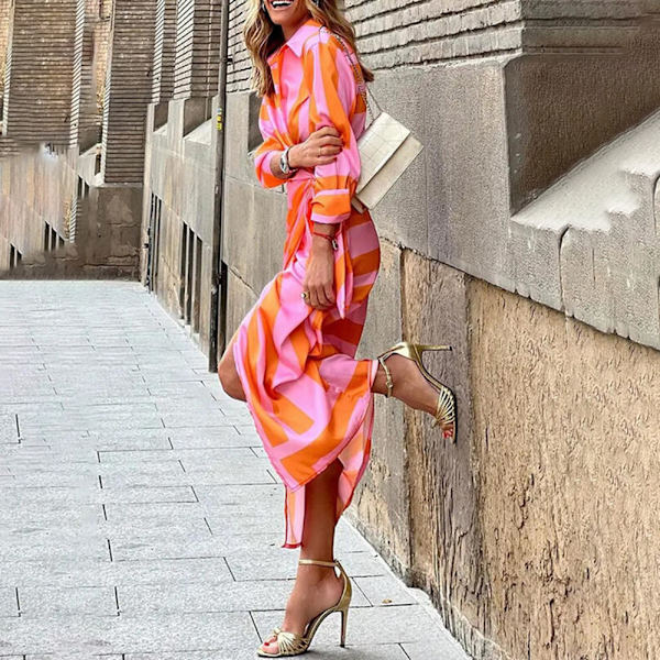 ted Lapel Tie Skjorte Wrap Kjole Midi Kjole(Orange og Pink S)