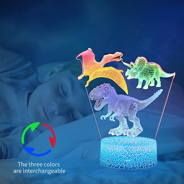 Dinosaurie 3D Illusion Nattlampa med 3 Mönster Dynamisk Colo