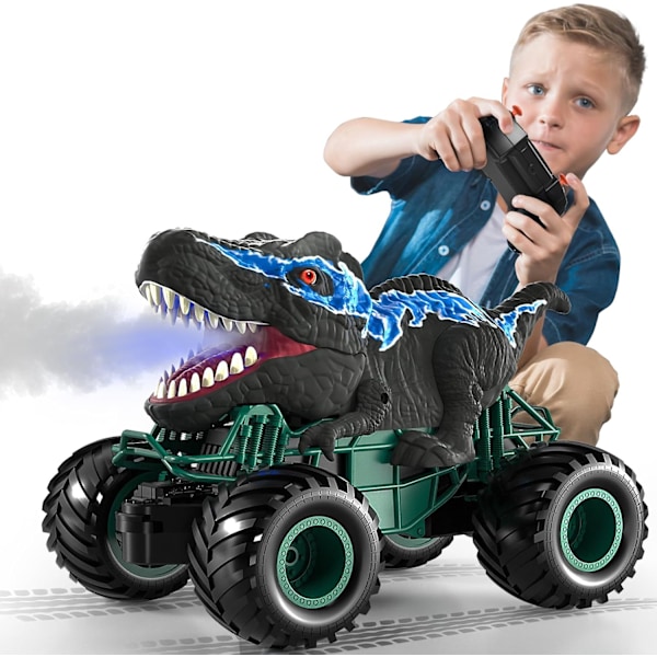 2,4 GHz Dinosaur Fjernkontrollbil Leker for Barn Gutter, RC Dinosaur Bil Leker med Lys, Lyd, Spray, Innendørs Utendørs RC Bil Leker Gaver for Gutter