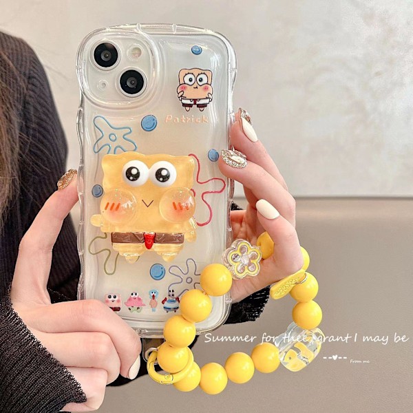 Kompatibelt sødt etui til iPhone, Kawaii med stativ og vedhæng Telefonetui, Tegneserie Gennemsigtig blød TPU Telefonbeskyttelse Spongebob iPhone 11