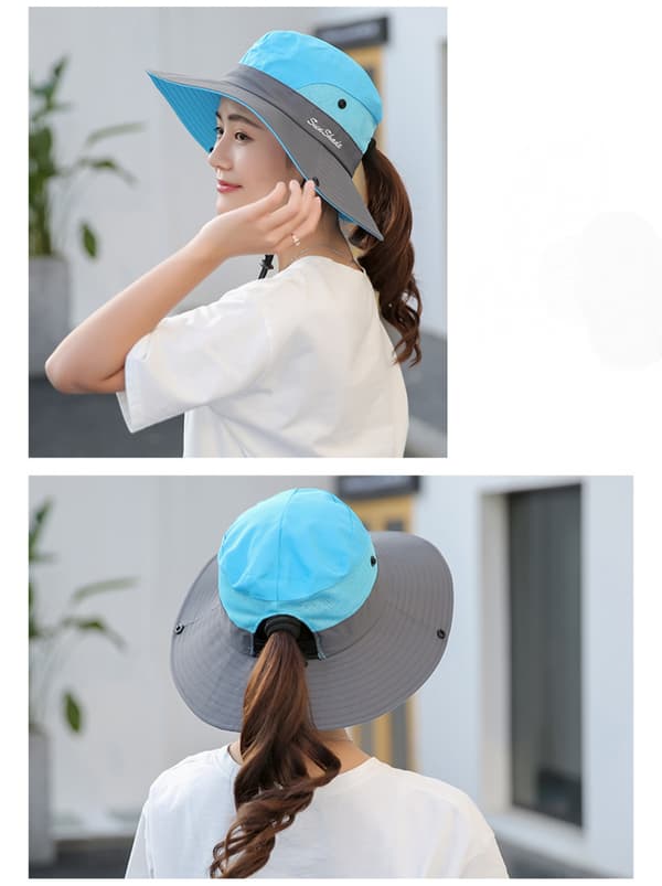 Dame Hestehale Sommer Solhat UV Beskyttelse Bred Skygge Foldbar Blue