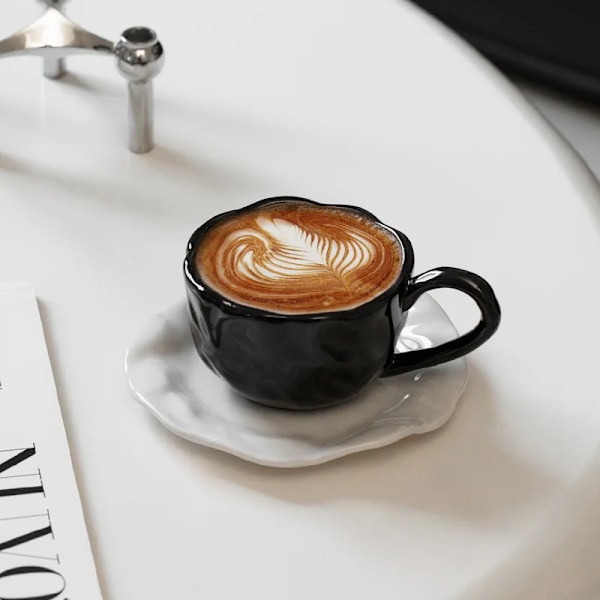 Moderne Ensfarvet Plisseret Keramisk Kaffekrus med Underkop Eftermiddagste Dessert Drikkekrus Hjem Tekop Tesæt Krus Fødselsdagsgave black