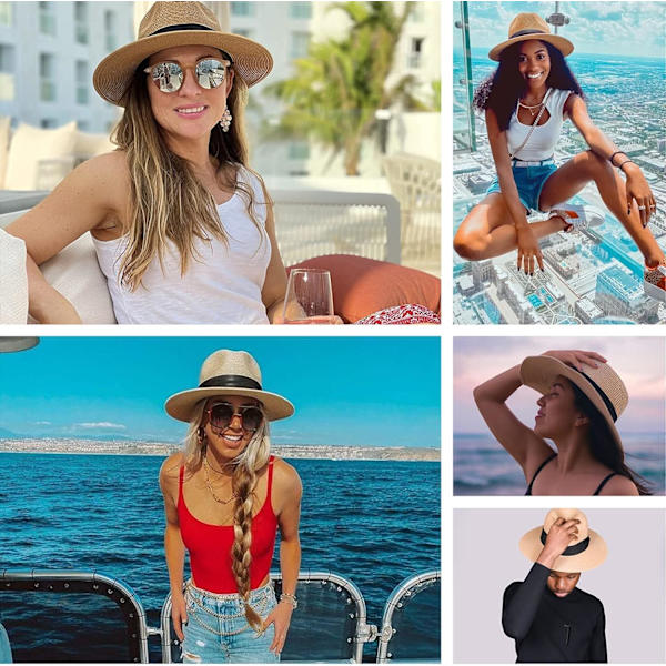 Dam- och herrhatt i Panama med bred brätte, solhatt i halm för sommar och strand, UPF-halmhatt för kvinnor Beige