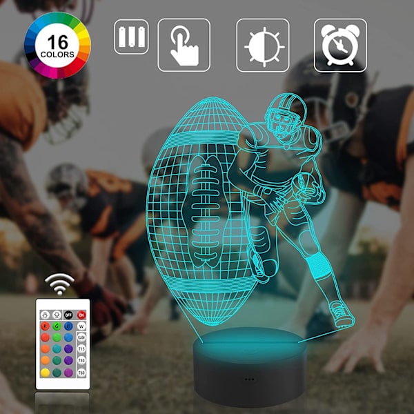Fodboldspiller 3D Natlys, Attivolife Rugby Illusion LED Lampe med Fjernbetjening & Berøringskontrol