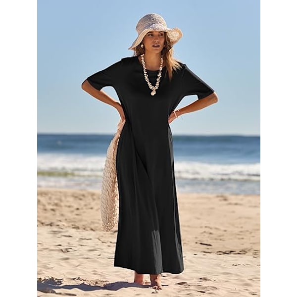 Dame 2025 Vår Sommer Casual Maxikjole Strandferie Kortermet Rund Hals Basic Lang T-skjorte Kjoler M