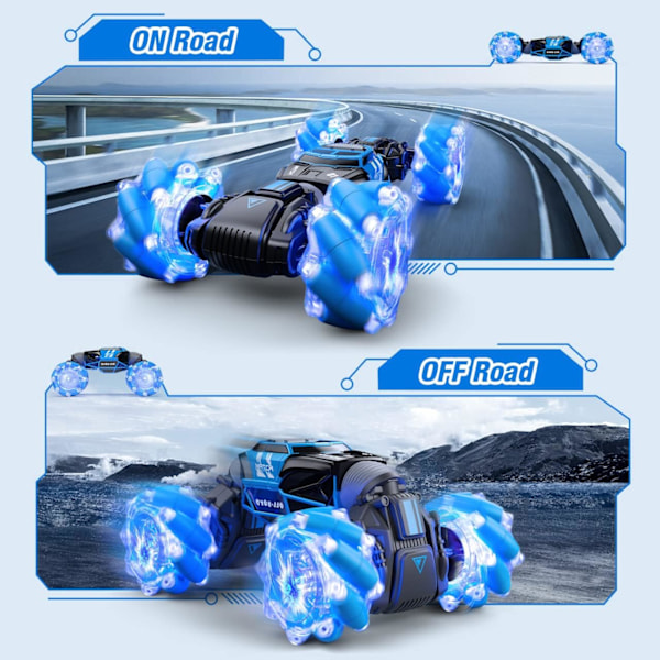LED-kauko-ohjattava auto, 4WD 2,4 GHz:n eleohjattava eleohjattava temppuauton, kaksisuuntainen 360 asteen pyörivä muuntautuva maastoauto valolla, leluautot pojille ja tytöille Blue