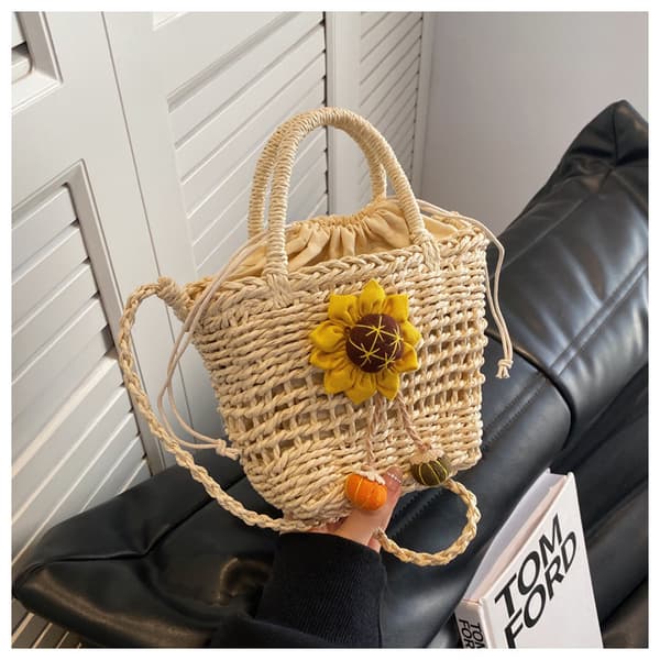 Små halm hinkväskor för kvinnor sommar crossbody väskor dam reseplånböcker och handväskor kvinnlig axelväska White sunflower