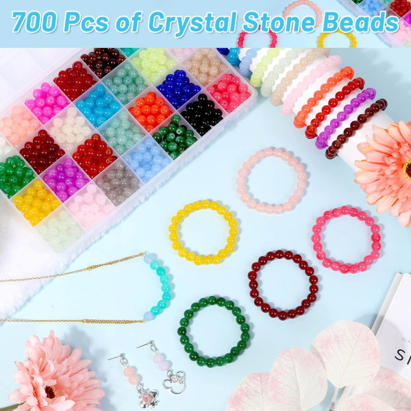 700 perler av glass til smykkefremstilling, 28 farger 8 mm krystallarmbånd og DIY-perlepakke