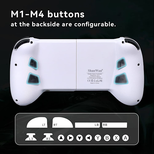 Mobilspilcontroller til Android med 4 mapping-knapper, trådløs Bluetooth-gamepad designet til PS Remote Play, Xbox Game Pass Ultimate, Steam Link White