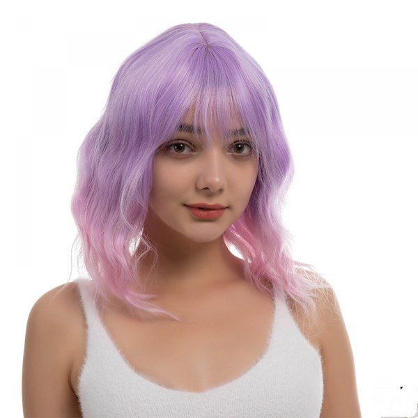 Rosa och lila gradientperuk med lugg syntetisk cosplayperuk för tjej axellång peruk för kvinnor kostymperuker