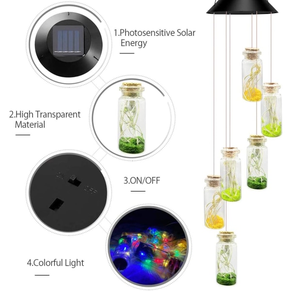 Solcells vindklocka ljus - Färgglad önskeflaska solcells vindklockor utomhus dekorationsljus med IP