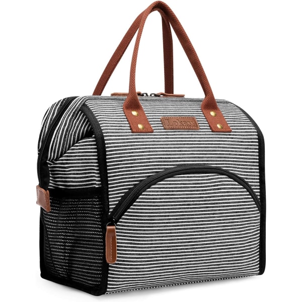 Lunch Bag Isolerad Lunchlåda Bredöppen Lunch Tote Bag Stor Dryckeshållare Hållbar Canvas Termisk Snack Organizer för Kvinnor Män Vuxna Arbete Picknick Hej Black White Stripes